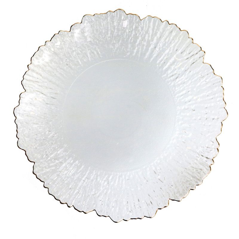 זוג צלחות עגולות 33 ס"מ זכוכית גבישי שקופה פס זהב שוליים מחוספסים עומק 2.5 ס"מ