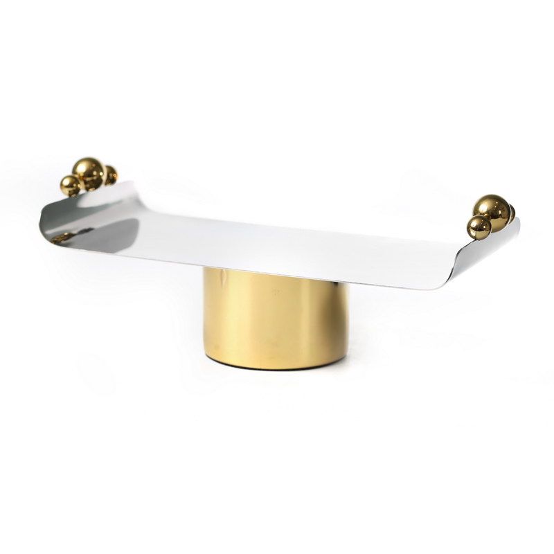 מגש מלבני על רגל זהב וכסף / כדורי זהב מתכת 32/14 ס"מ גובה 11 ס"מ