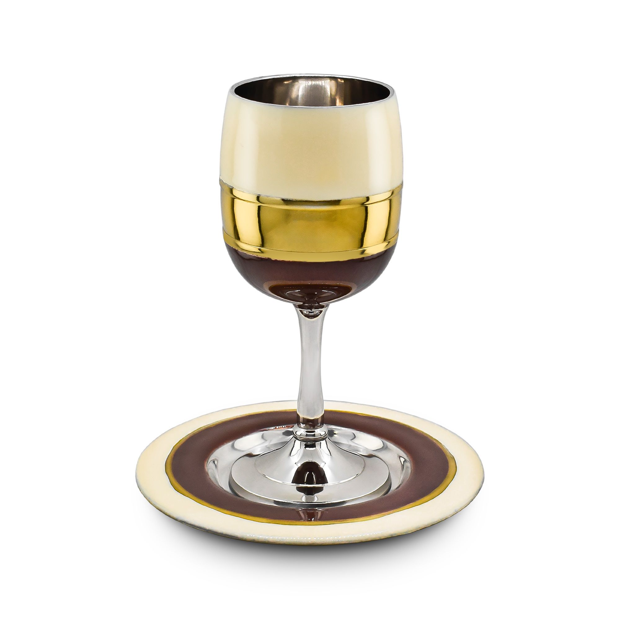 גביע קידוש אמייל שנהב חום וזהב מבריק נירוסטה