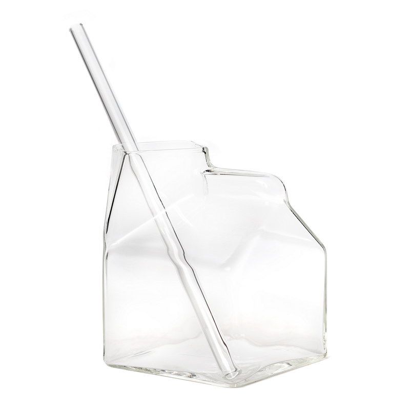 זוג כוסות זכוכית צורת קרטון חלב וקשית שקופה 350 מ"ל