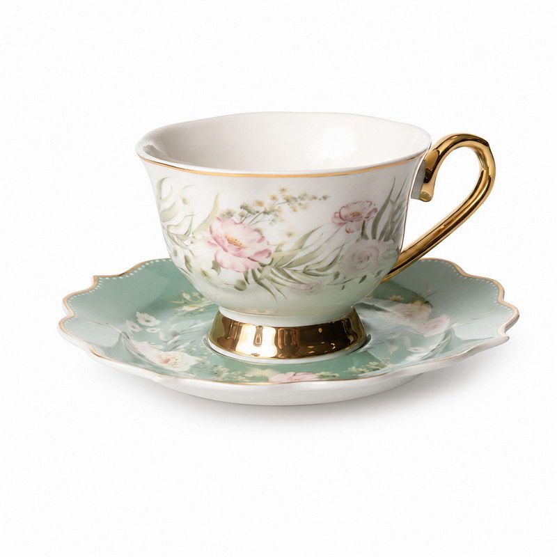 סט 6 כוס תה/תחתית Alberta ירוק/אפור 180 מ"ל New Bone China